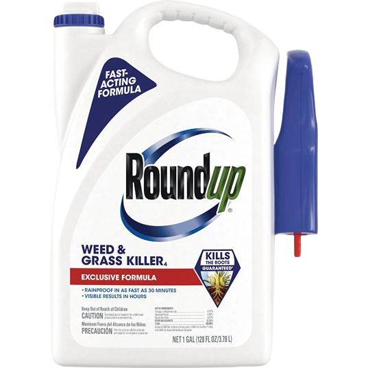 One gallon container of Roundup fast-acting weed and grass killer with trigger spray for lawn care projects