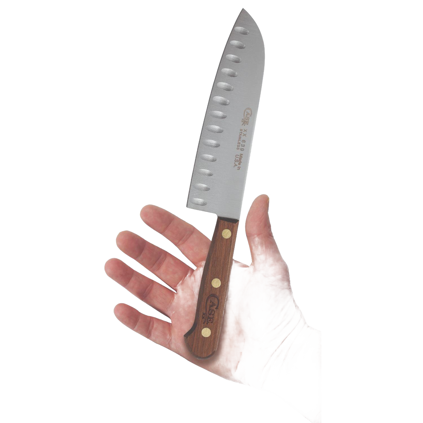 7-inch santoku knife with wooden handle and hollow edge, shown held over open hand from kitchenware collections