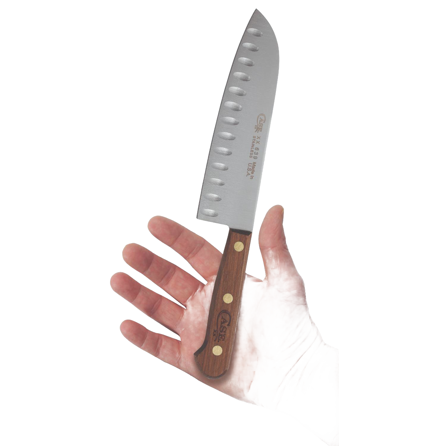 7-inch santoku knife with wooden handle and hollow edge, shown held over open hand from kitchenware collections