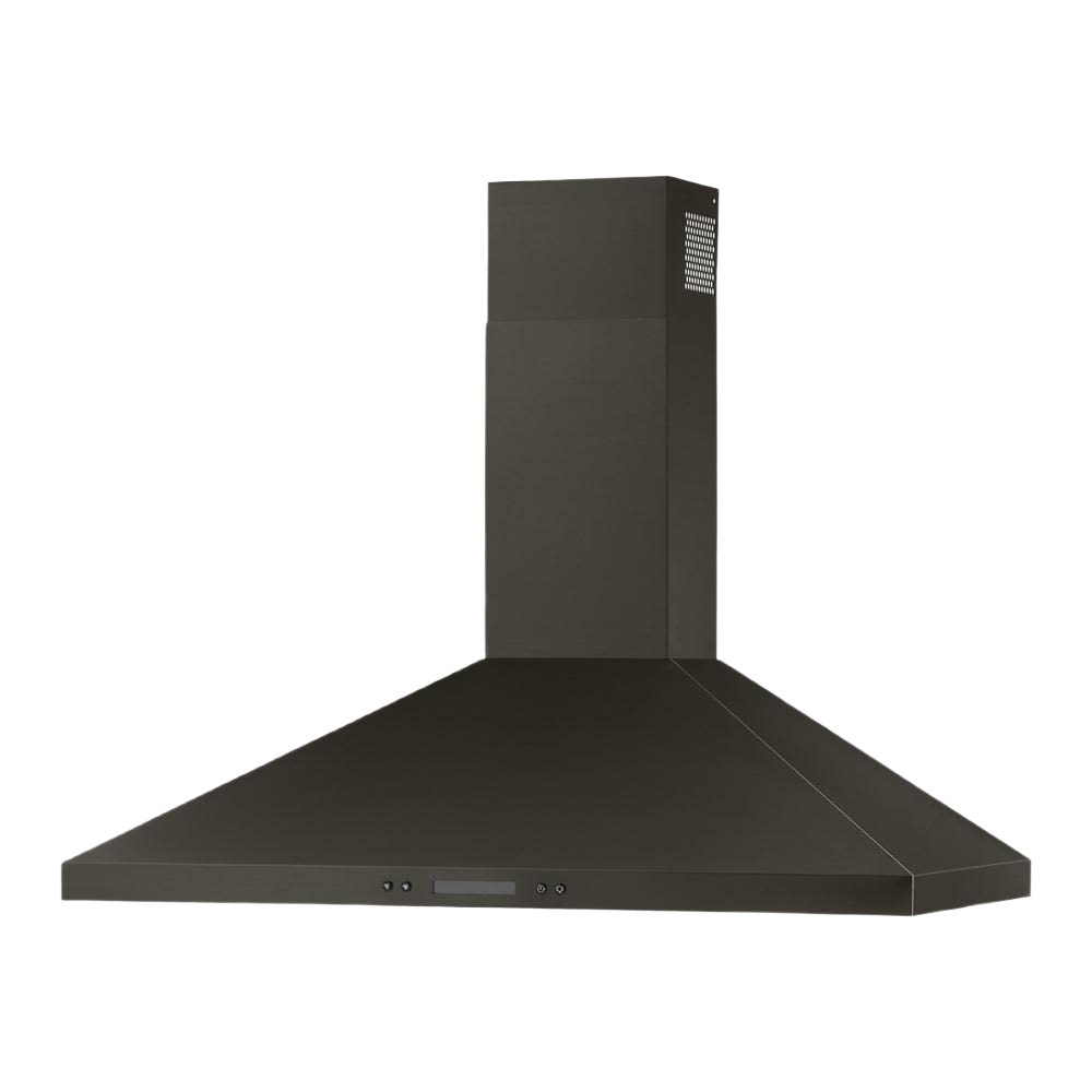 36-inch black chimney wall mount range hood with LED lighting and dishwasher-safe grease filters in kitchen appliances collection