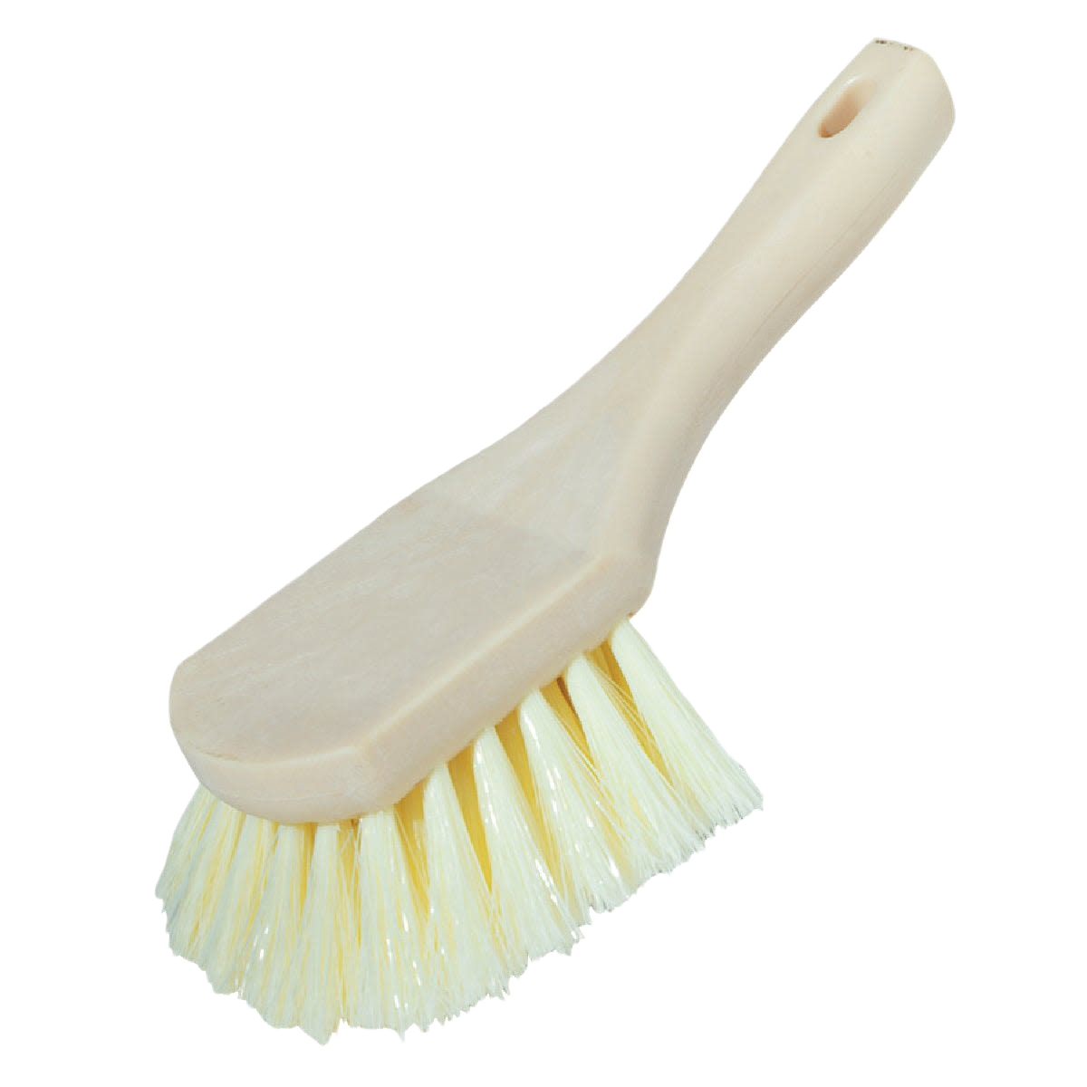 White plastic scrub brush with angled grip and polypropylene bristles for cleaning tasks under $50 in Home Improvement Tools