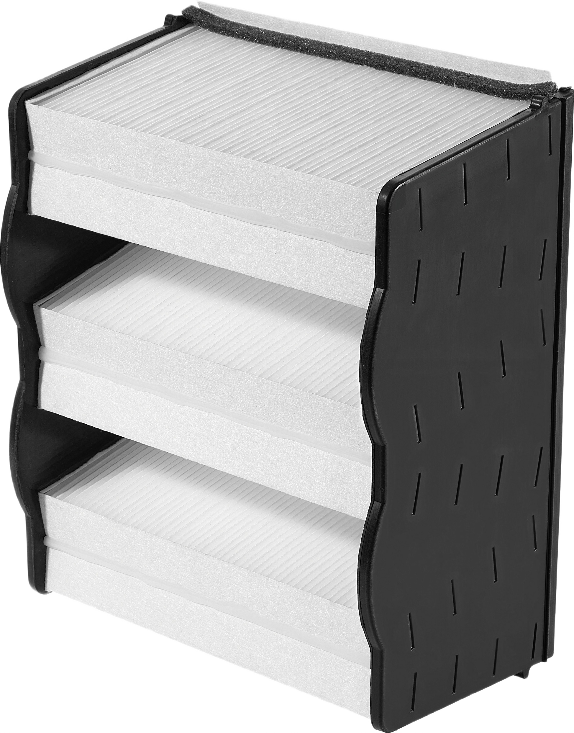 Black and white triple-layer HEPA filter cartridge for dust collectors in woodworking tools and dust management collections
