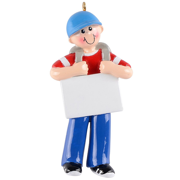 Smiling boy ornament with blue cap, red shirt, holding blank sign from Christmas Ornaments & Tree Decorations under $50 collection