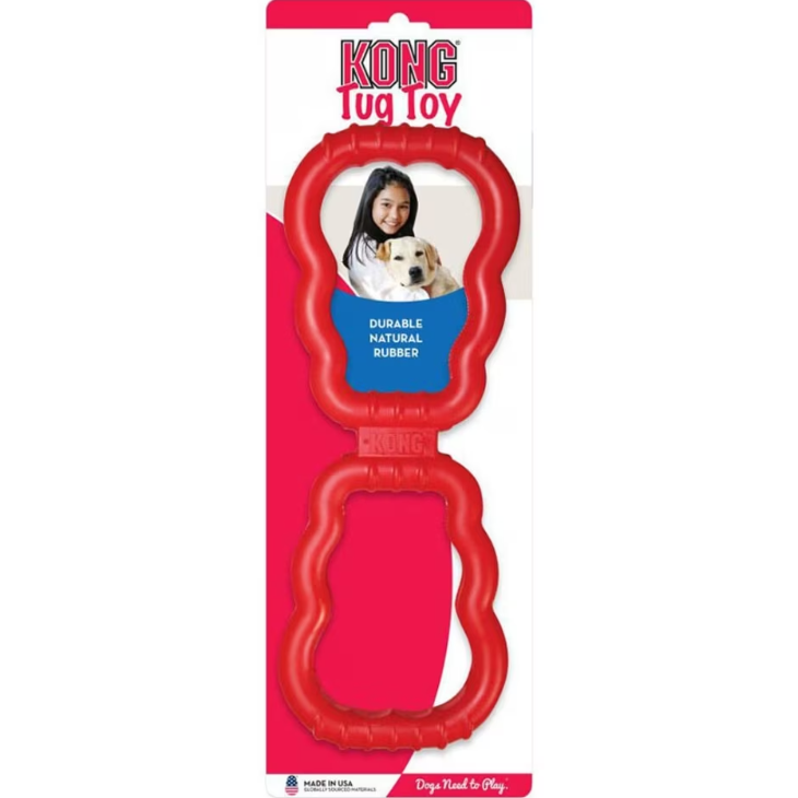 Red durable rubber dog tug toy designed for interactive play in pet and dog toy collections