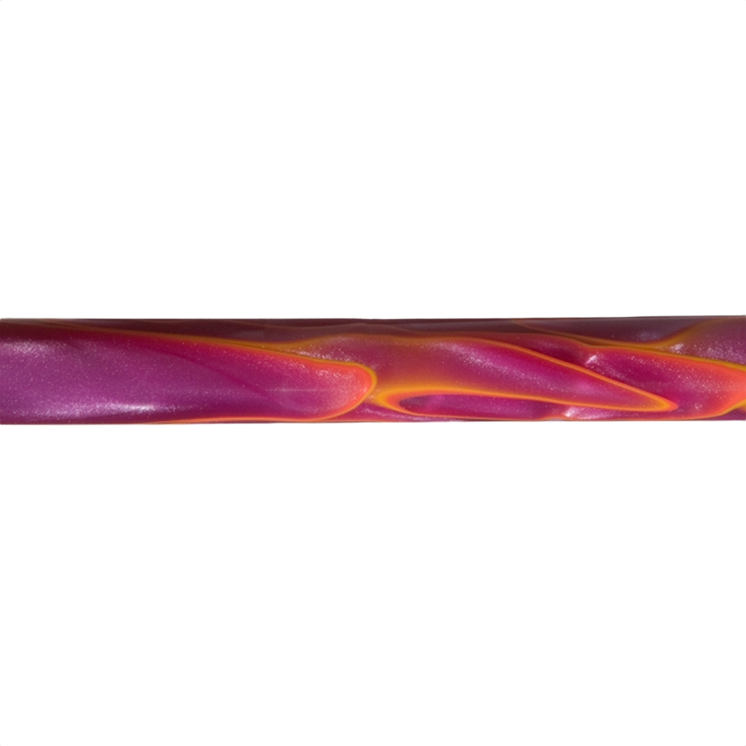 Glossy electric pink acrylic pen blank with swirling orange and purple patterns for woodworking tool projects under $50