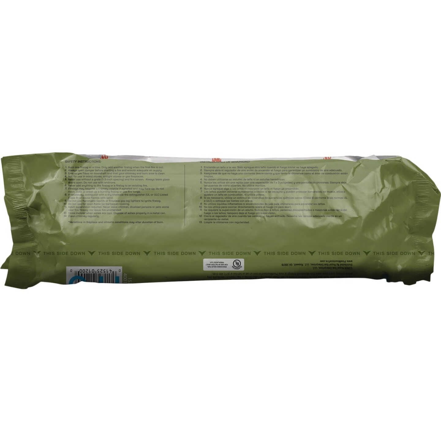 Green wrapped 3-hour fire log with usage instructions on back, featured in Indoor Tools and Under $50 collections