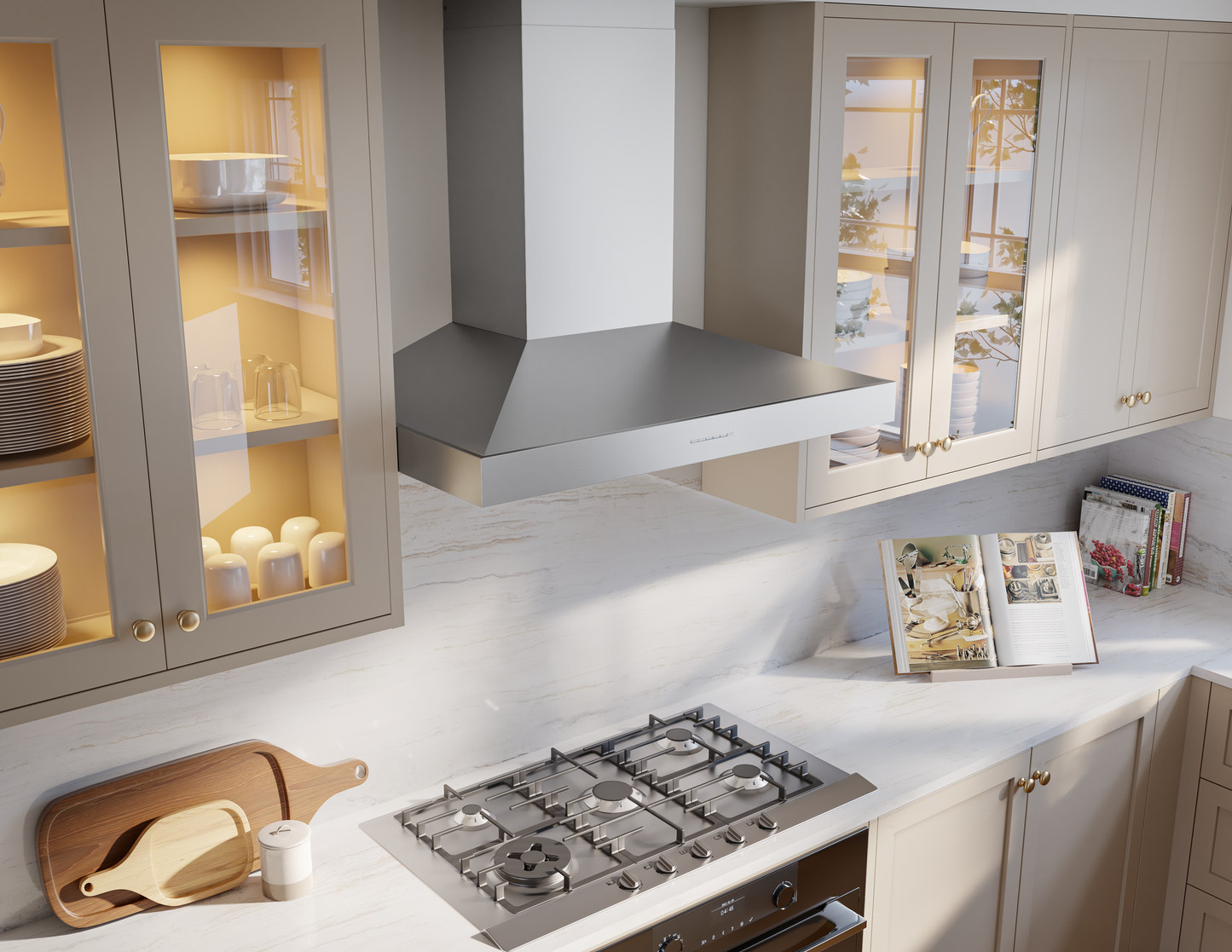 stainless steel wall mounted range hood with pyramid design and concealed filters in kitchen appliances collection
