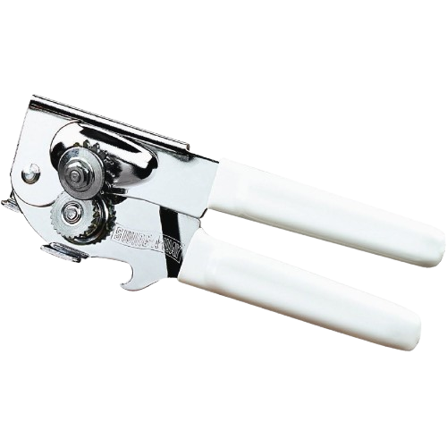 Chrome-plated handheld can opener with white handles featuring gear-driven cutter for effortless kitchen use