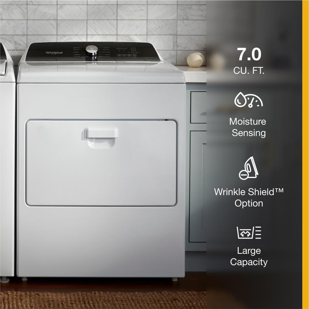 White top load gas dryer with digital control panel and moisture sensing feature in a modern laundry room setting