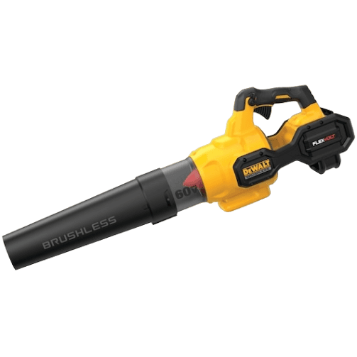 Yellow and black cordless axial blower with brushless motor and flexible battery system for outdoor and home improvement use