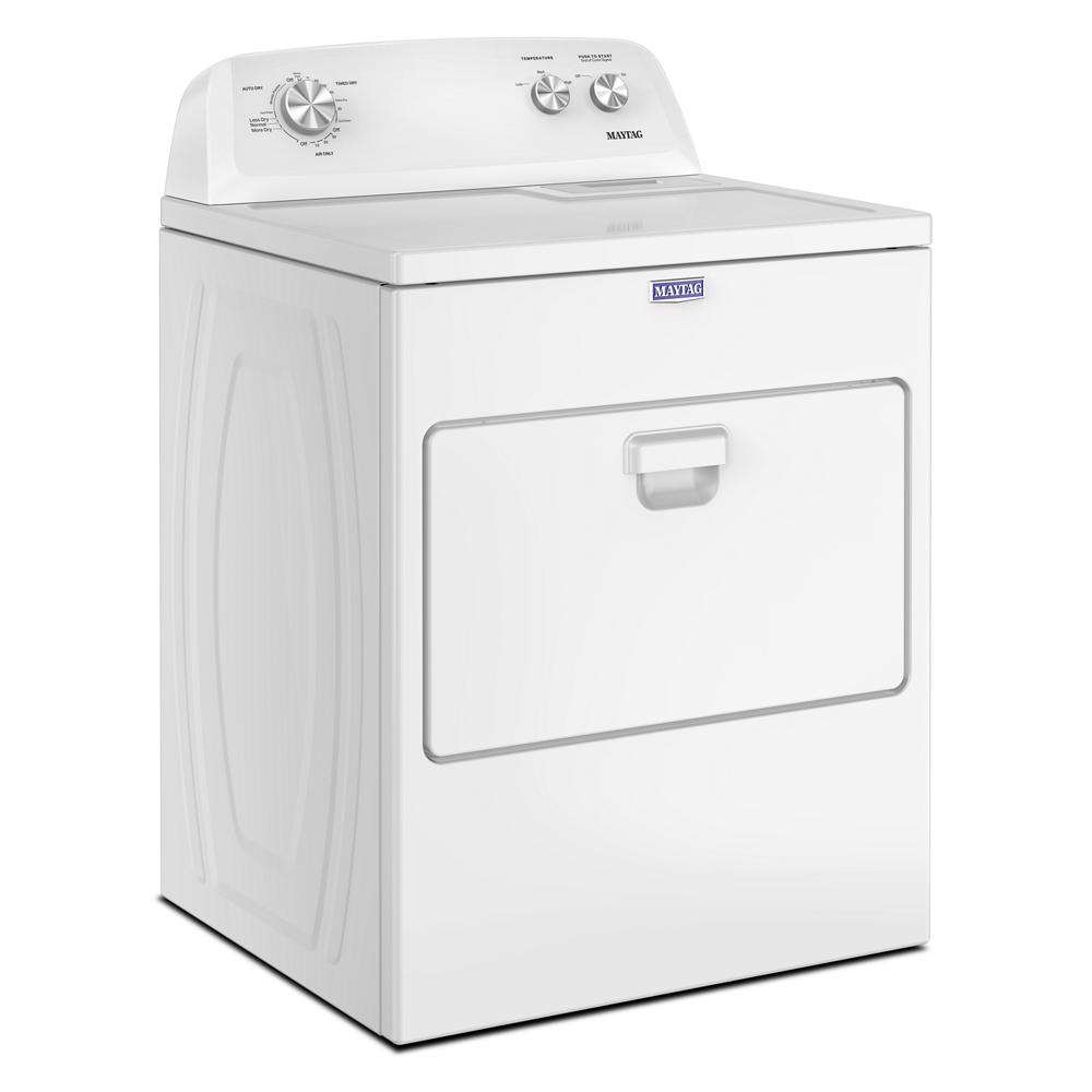 Angled view of white top load electric dryer with control dials in dryers and electric dryers collection