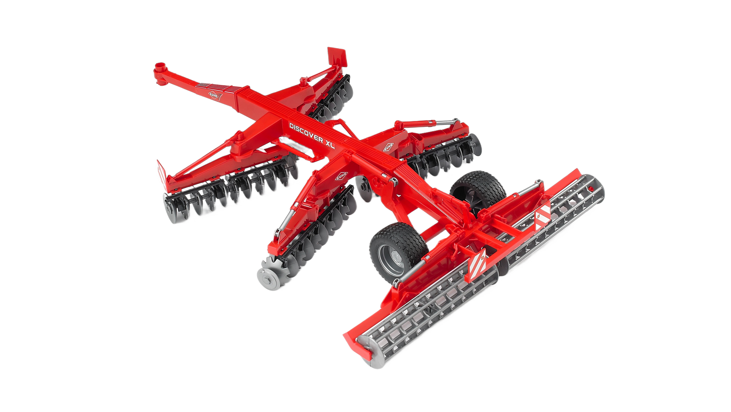 Red Kuhn disc harrow model with folding sections and detailed black soil discs for farm and home improvement use