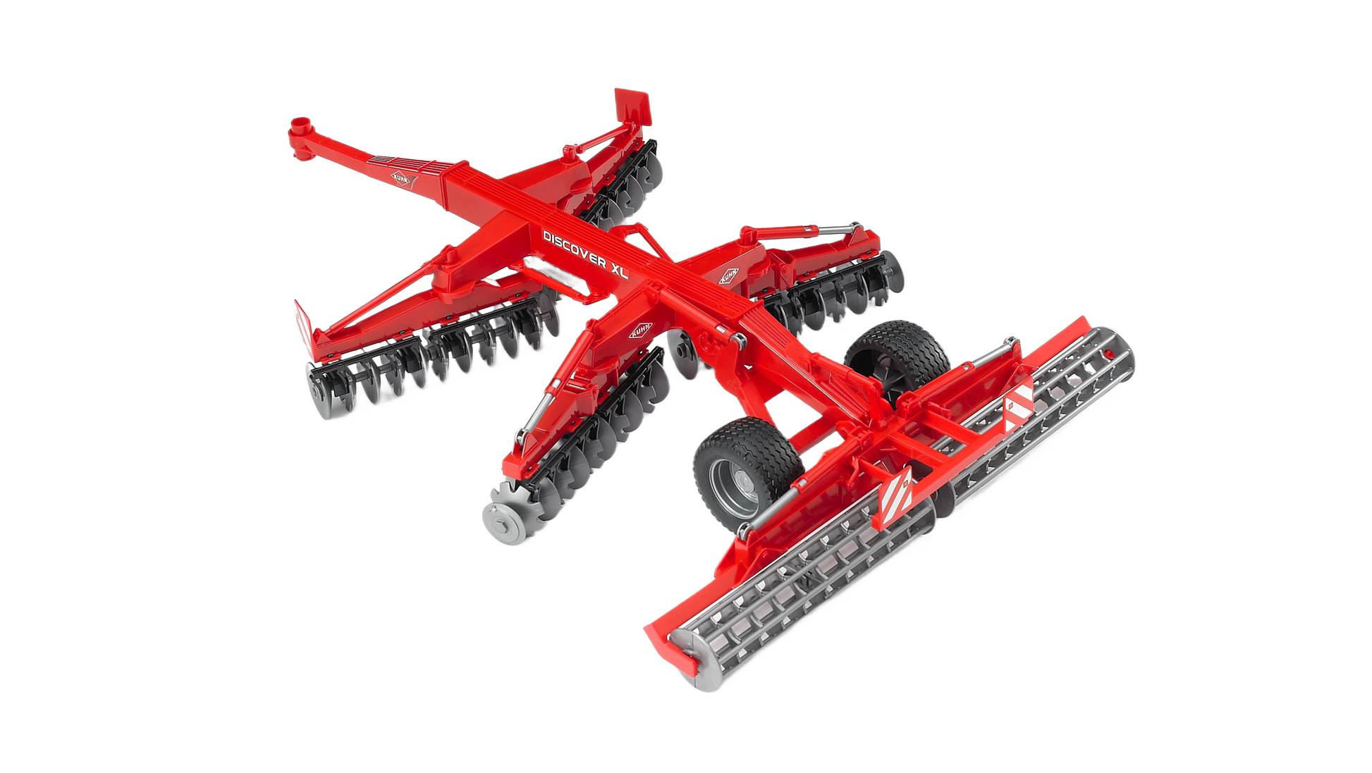Red Kuhn disc harrow model with folding sections and detailed black soil discs for farm and home improvement use