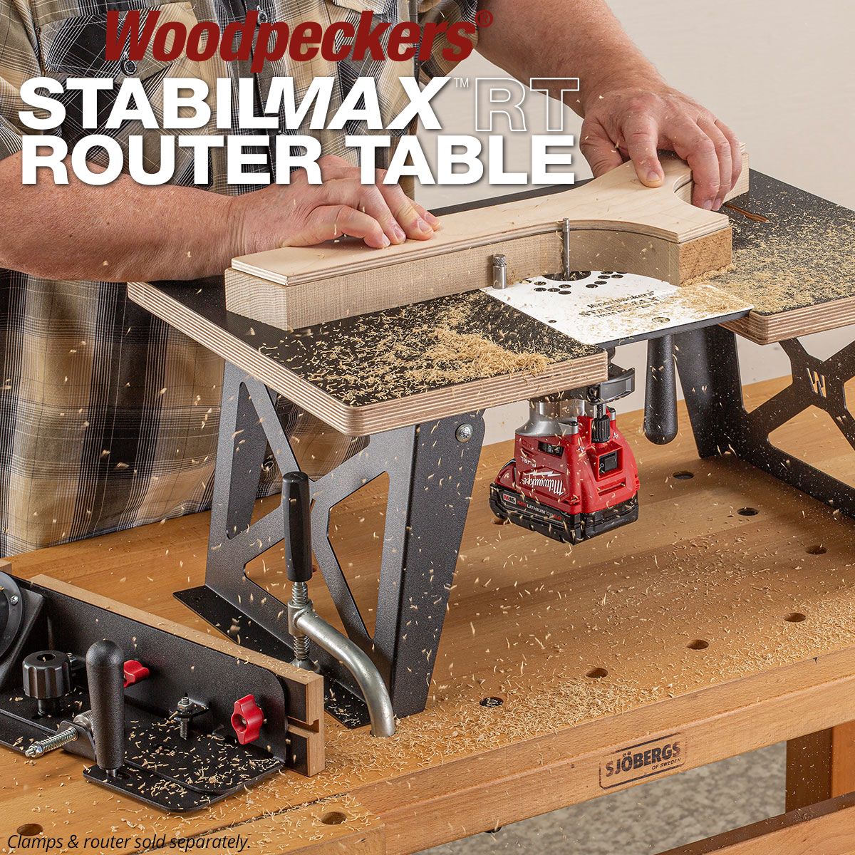 Woodworking setup showing hands using a Woodpeckers StabilMaxRT Router Table System with wood shavings in workshop