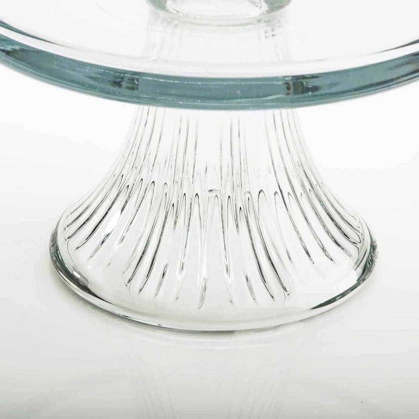 Close-up of clear glass footed bowl base with vertical ribbed design, perfect for kitchenware and under $50 collections