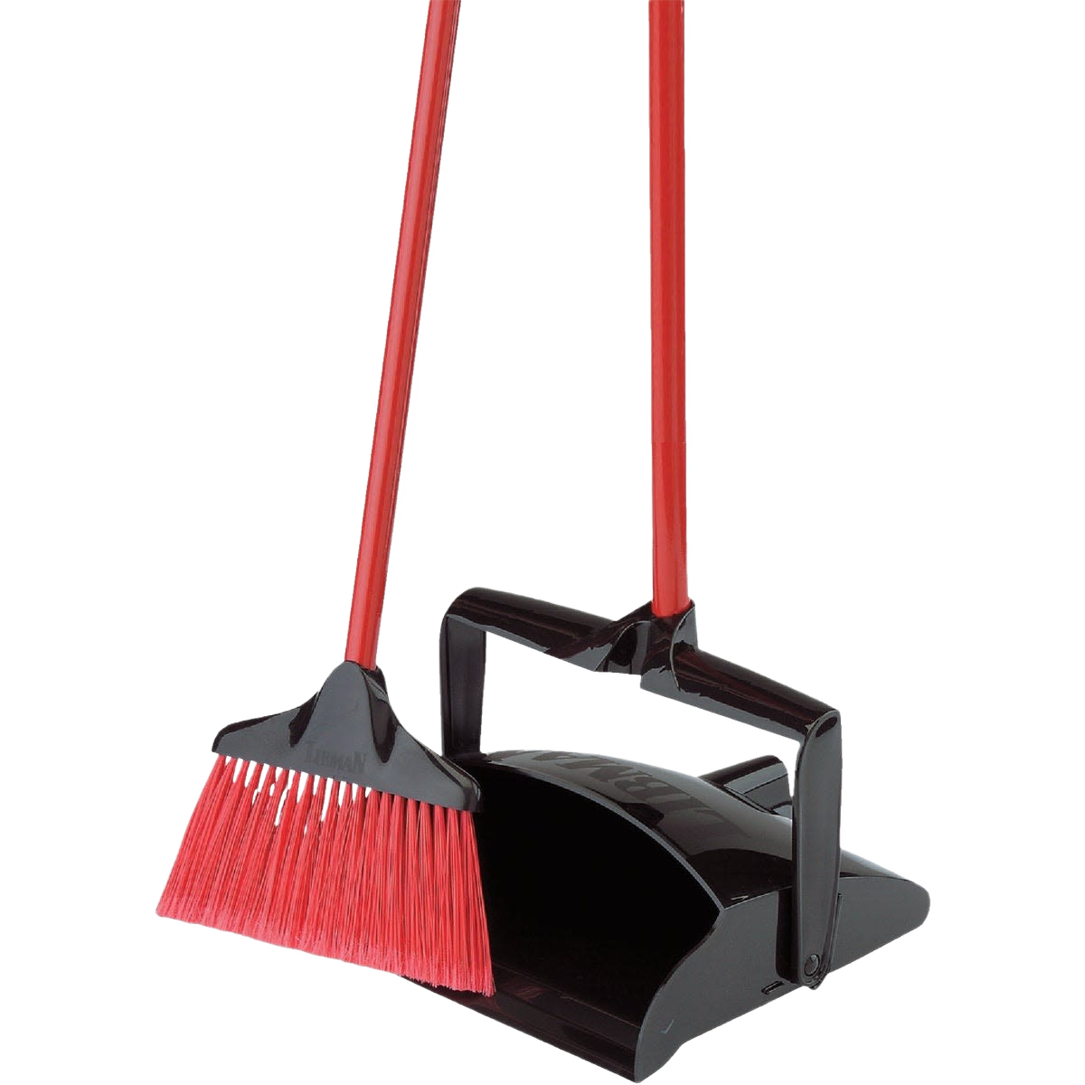 Household broom with angled red bristles and black dust pan with handle for cleaning tools under 50 collections