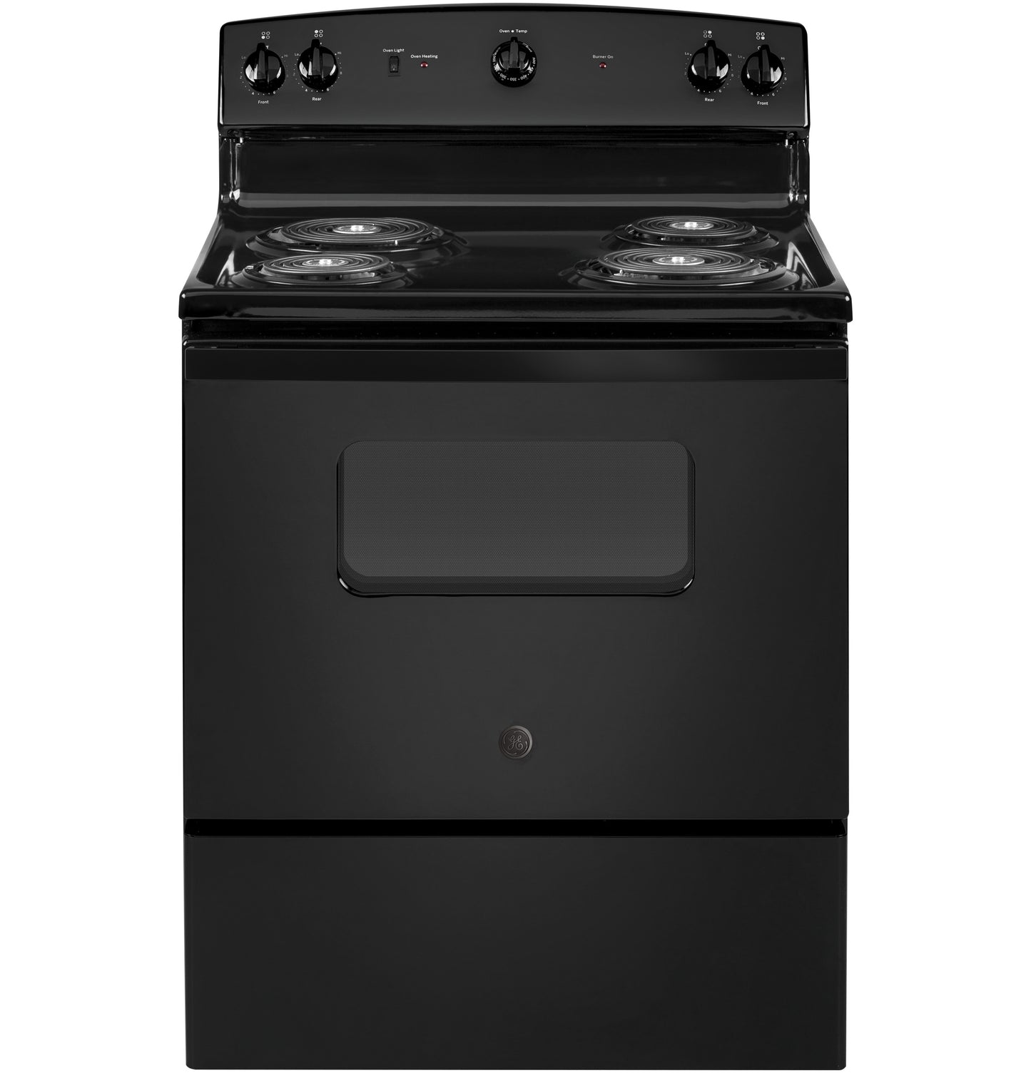 Black free-standing electric range with coil burners and control knobs for kitchen and appliance collections