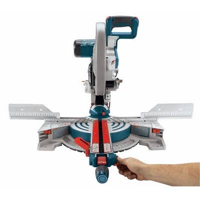Bosch 12-inch dual-bevel glide miter saw with adjustable base, used in power tools and home improvement projects