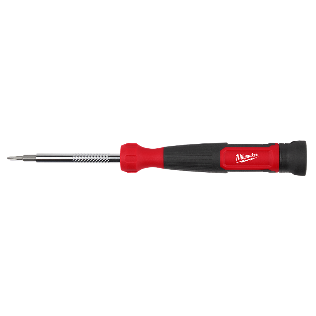 Red and black milwaukee precision screwdriver with extended shaft and multi-bit tip for detailed home improvement tasks