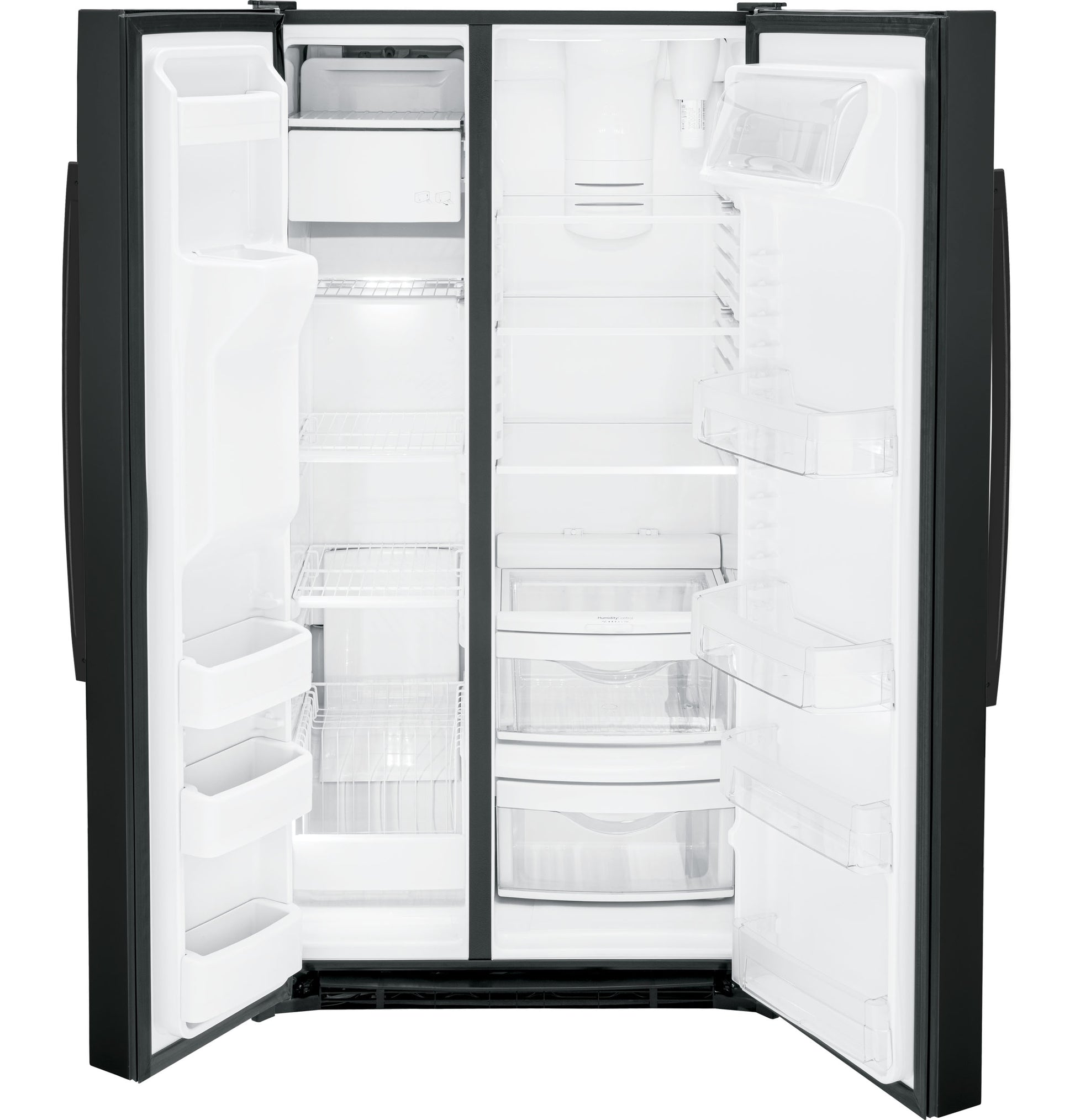 Open black side-by-side refrigerator with spacious shelves and clear drawers in kitchen and appliances collection