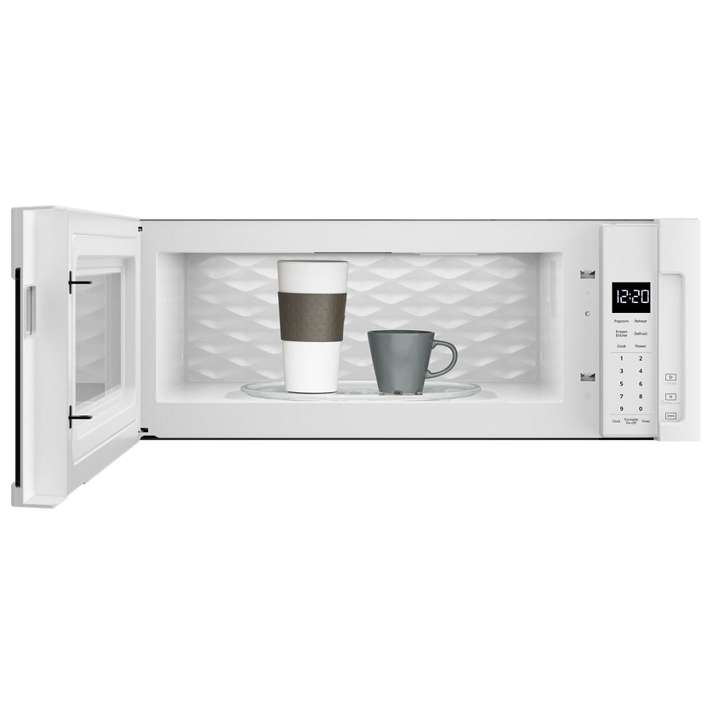 White low profile over-the-range microwave with open door, digital control panel, and two cups inside from kitchen appliances collection