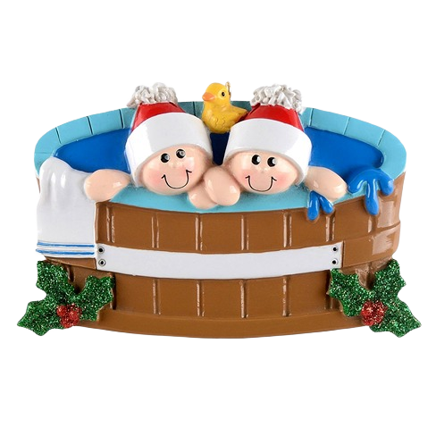 Charming couple wearing Santa hats relaxing in hot tub with rubber ducky and holly decorations for Christmas tree décor under $50