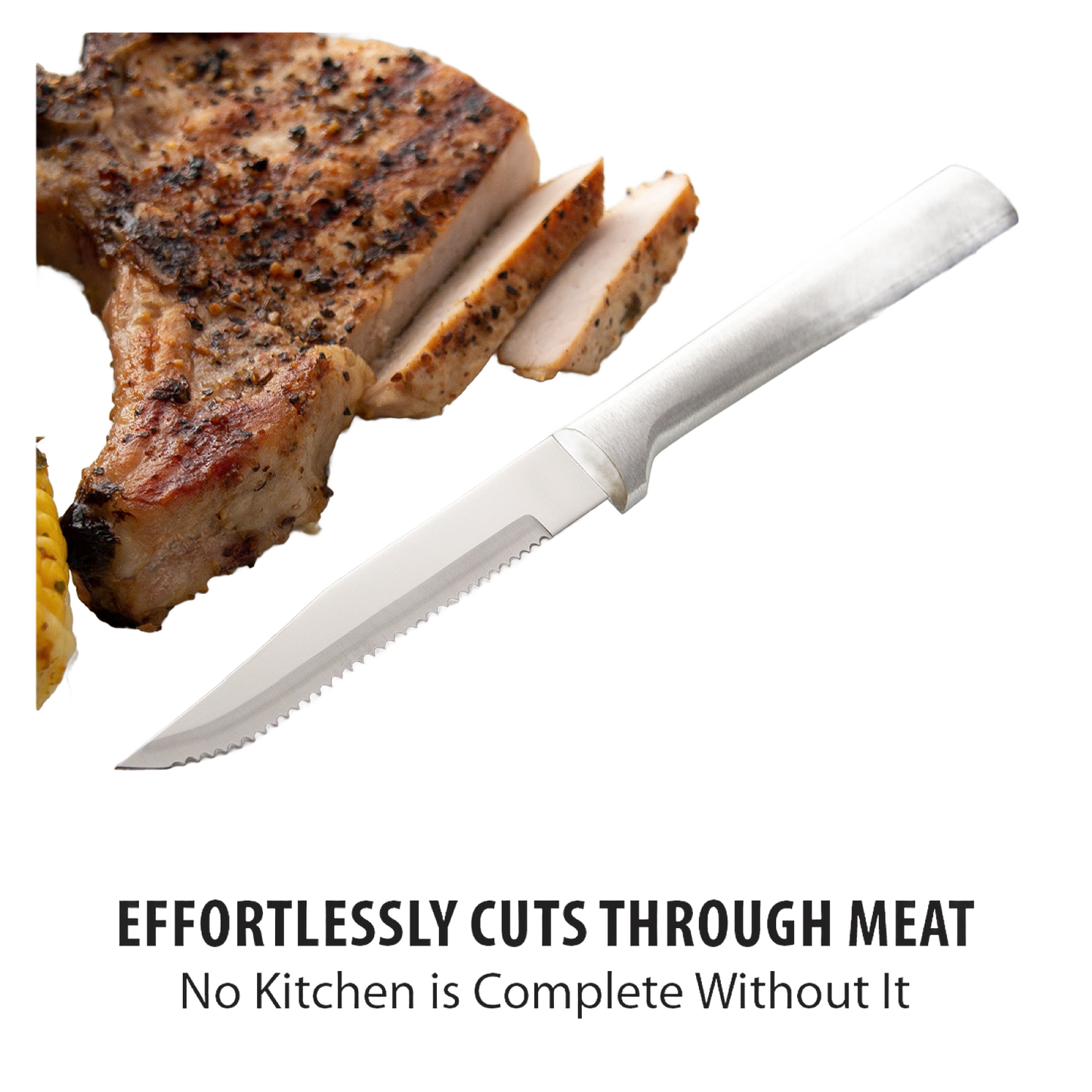Rada serrated steak knife with aluminum handle slicing cooked pork chop on white surface in kitchen utensils under $50 collection