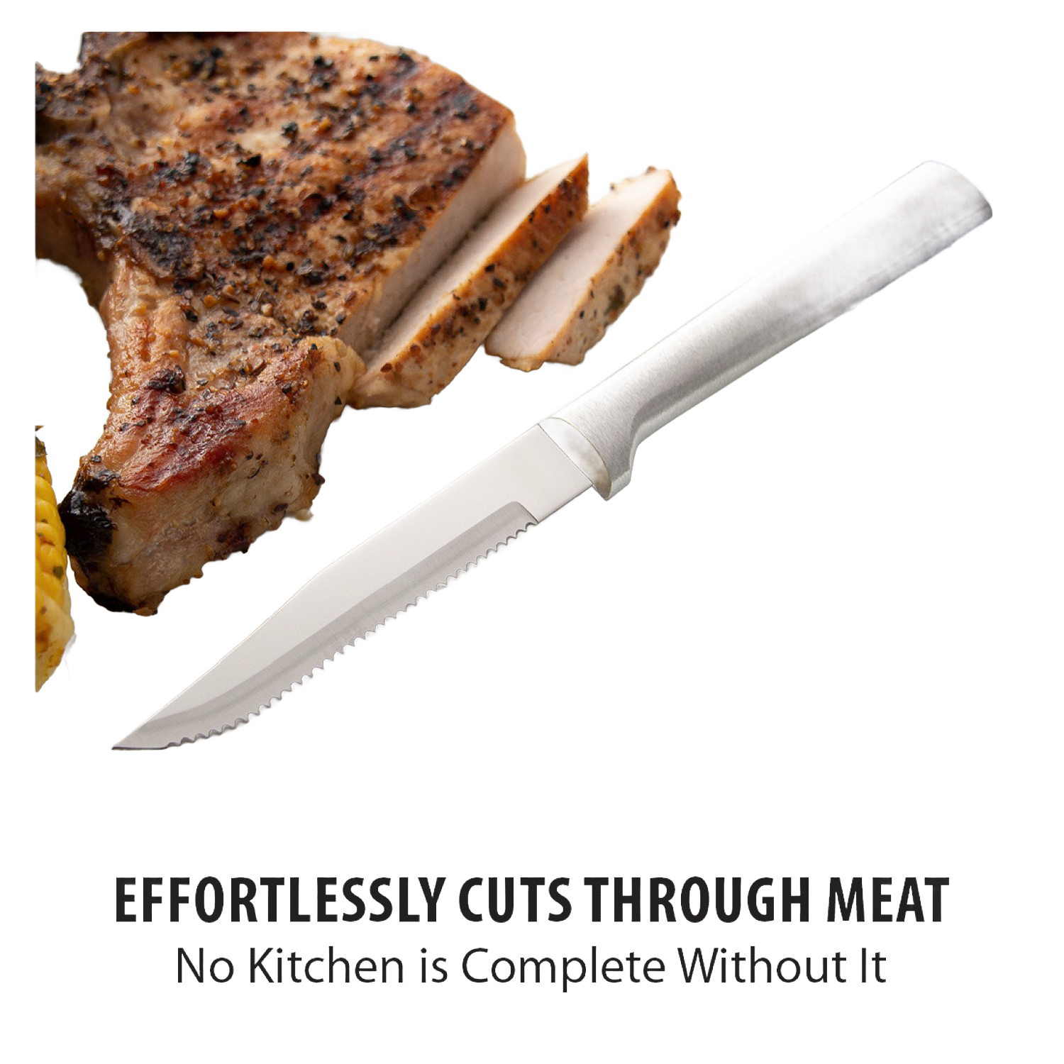 Rada serrated steak knife with aluminum handle slicing cooked pork chop on white surface in kitchen utensils under $50 collection