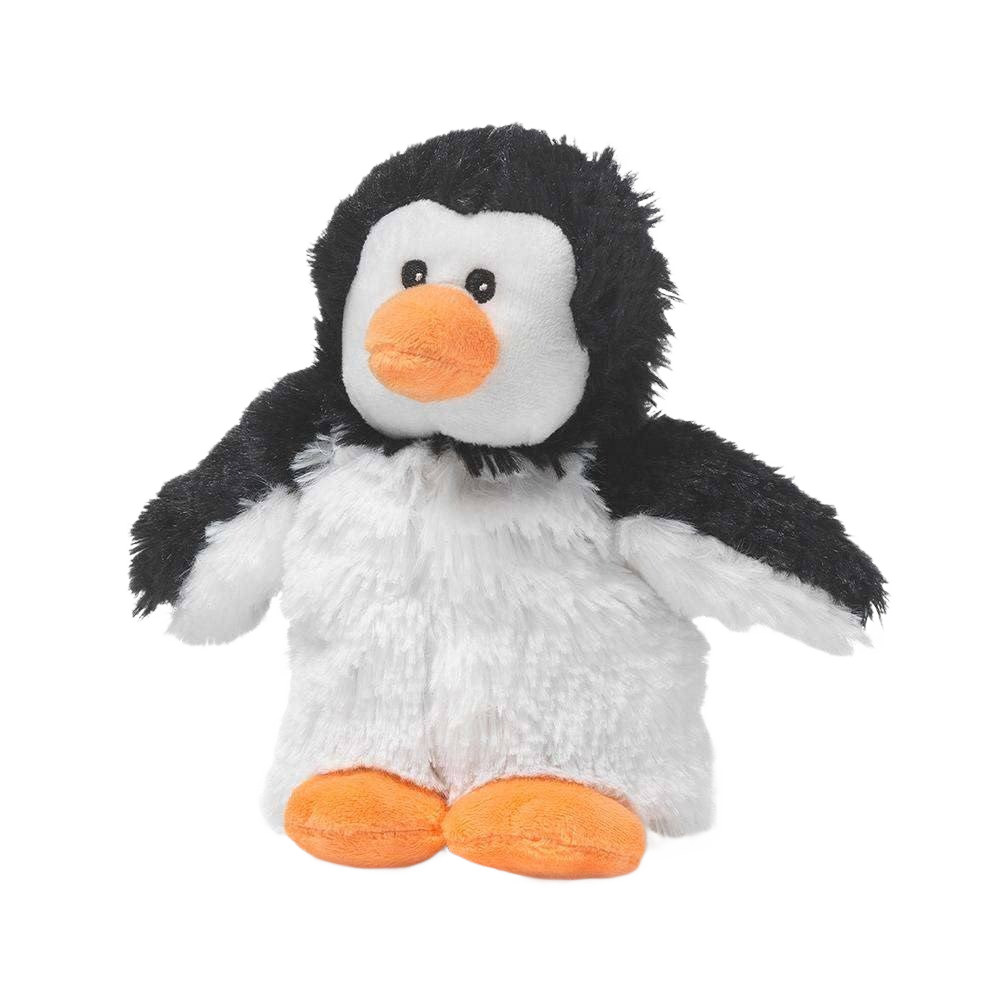 Plush penguin toy with black and white fur and orange beak and feet for comforting warmth and soft cuddling