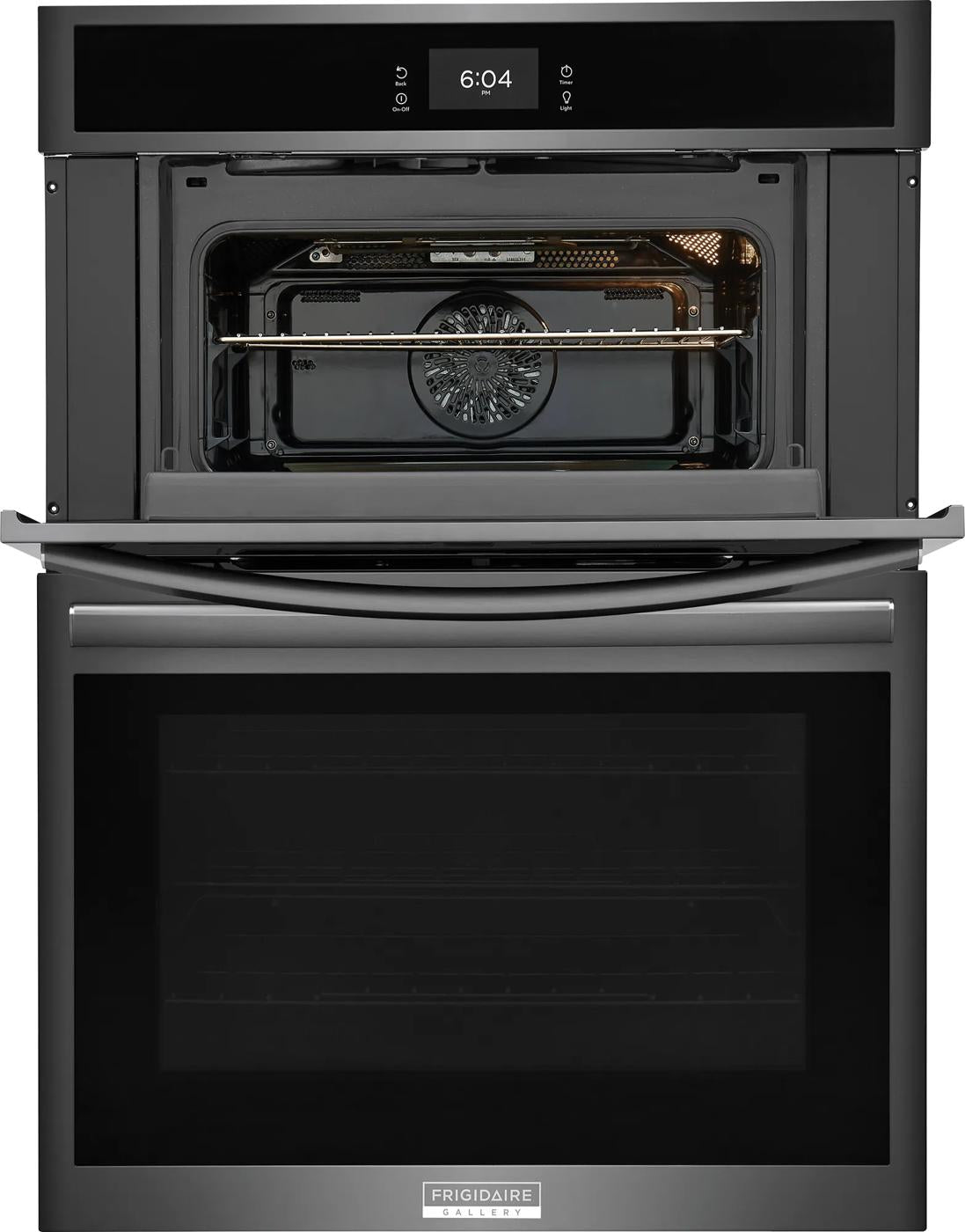 Front view of stainless steel 30" electric wall oven and microwave combo showing oven door open with interior fan visible