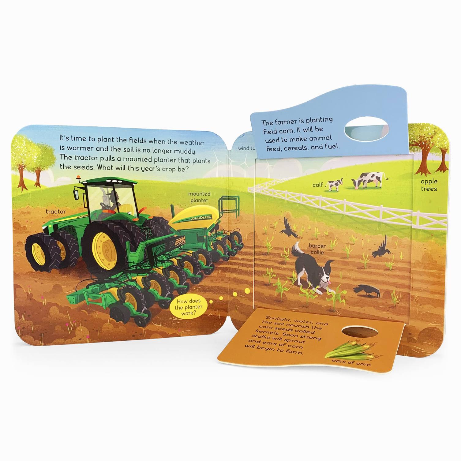Children's farm-themed book with interactive flaps showing a tractor planting corn in a sunny field scene