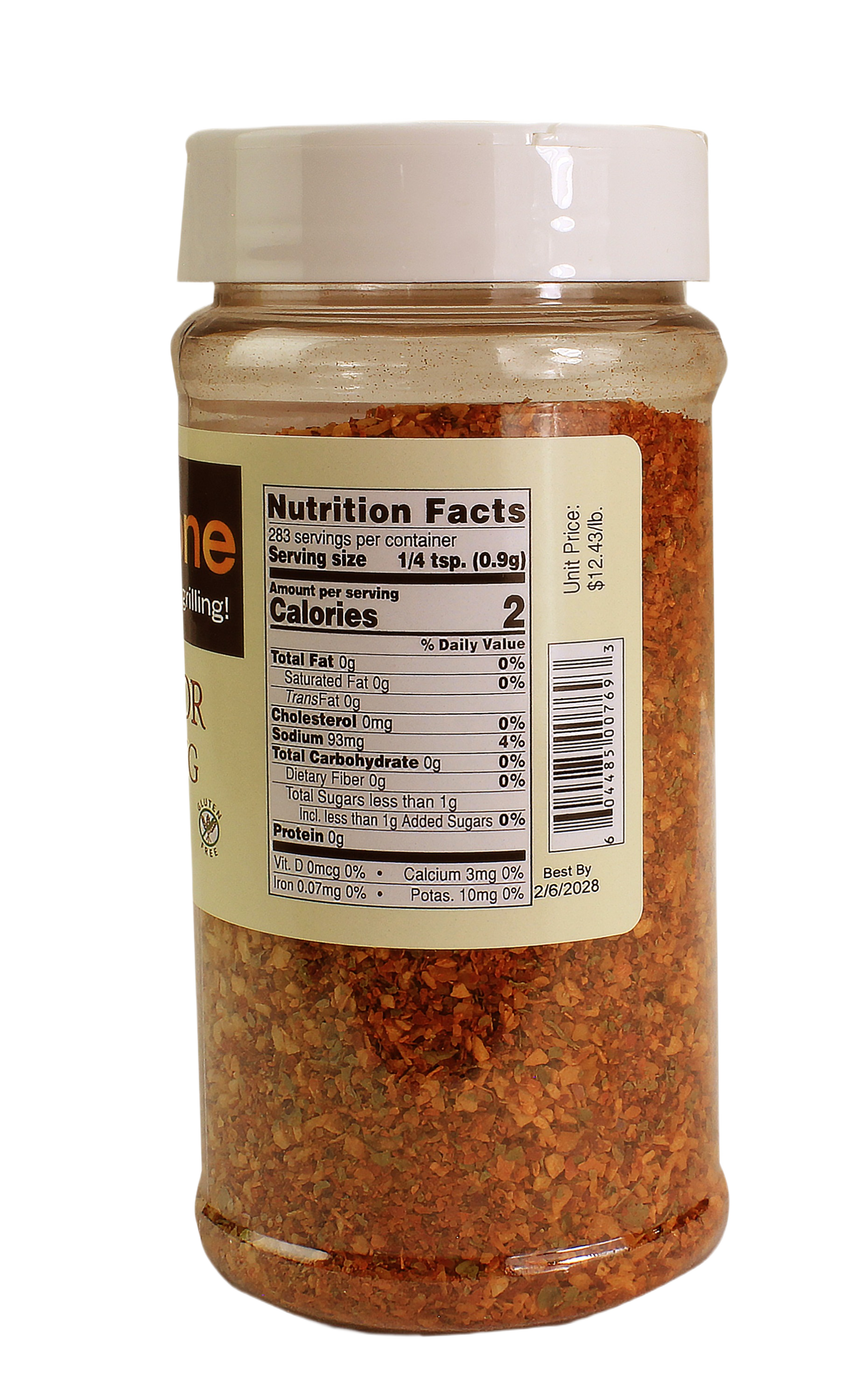 Clear plastic seasoning container with white lid filled with reddish-orange al pastor spice blend for grilling collections