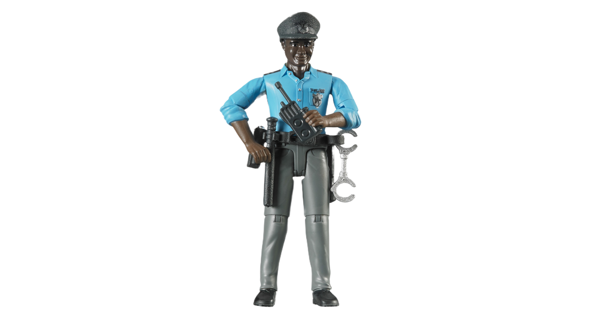 Dark-skinned policeman toy figure in blue shirt with cap, walkie-talkie, handcuffs, and holstered accessories