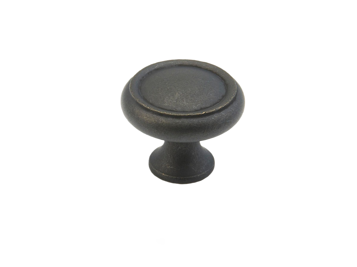 Round dark bronze metal cabinet knob with traditional design for home improvement hardware projects