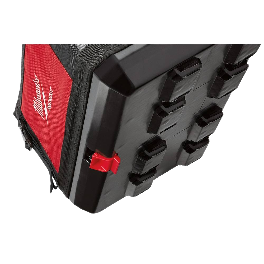 Red and black Milwaukee PACKOUT™ tote with rugged plastic base and secure latches for durable tool storage and transport