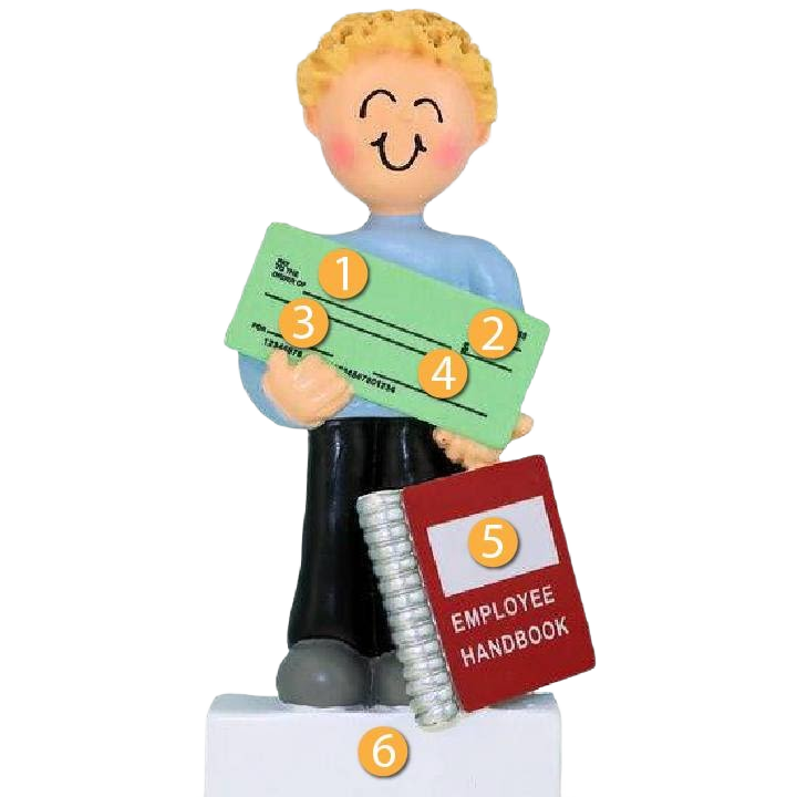 Blonde male figurine holding a paycheck and employee handbook in Christmas Ornaments & Tree Decorations collection
