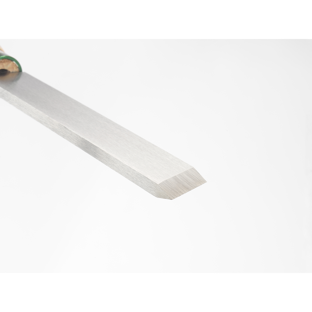 High-speed steel chisel with a sharp angled blade and smooth 12-inch beech wood handle for woodworking tasks