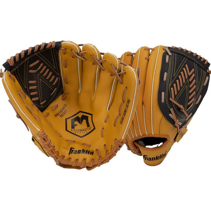 Tan and black leather baseball glove with durable stitching for outdoor games and toys under $100 collection