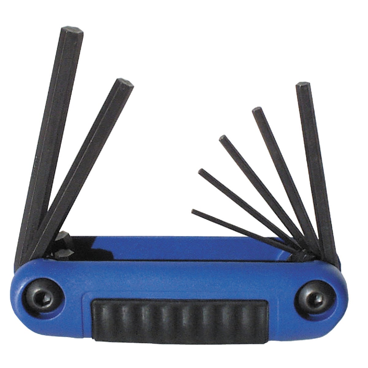 Compact blue ergonomic foldable hex key set with seven metric sizes for precise home improvement tasks