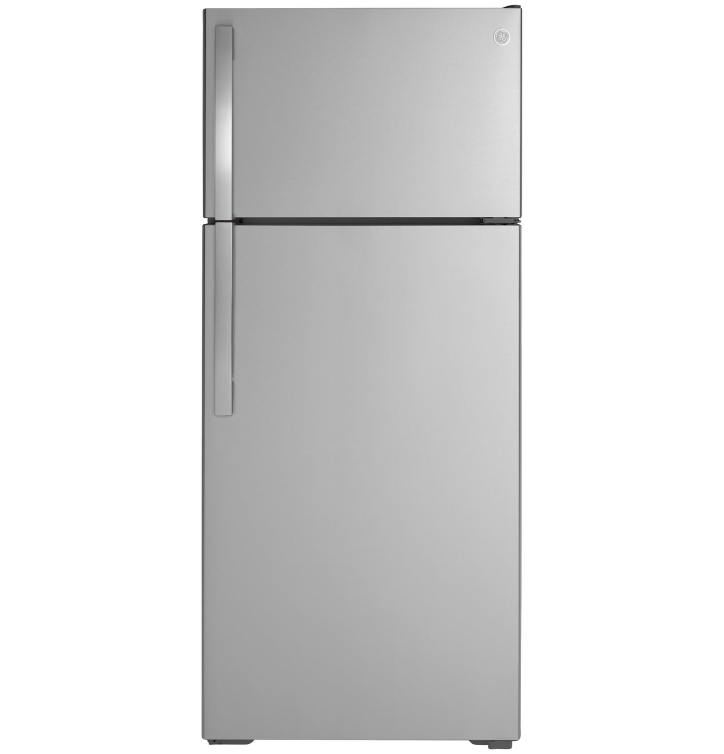 Silver top-freezer refrigerator with minimalist design and ergonomic handles, part of Refrigerators, Top Freezer Refrigerators, Kitchen & Kitchenware, and Appliances collections at Hartville Hardware.
