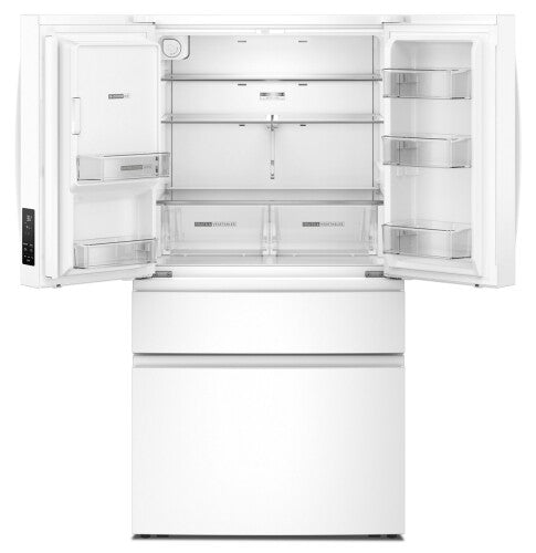 White French door refrigerator with spacious interior, adjustable shelves, and flexible temperature drawer in kitchen appliances collection