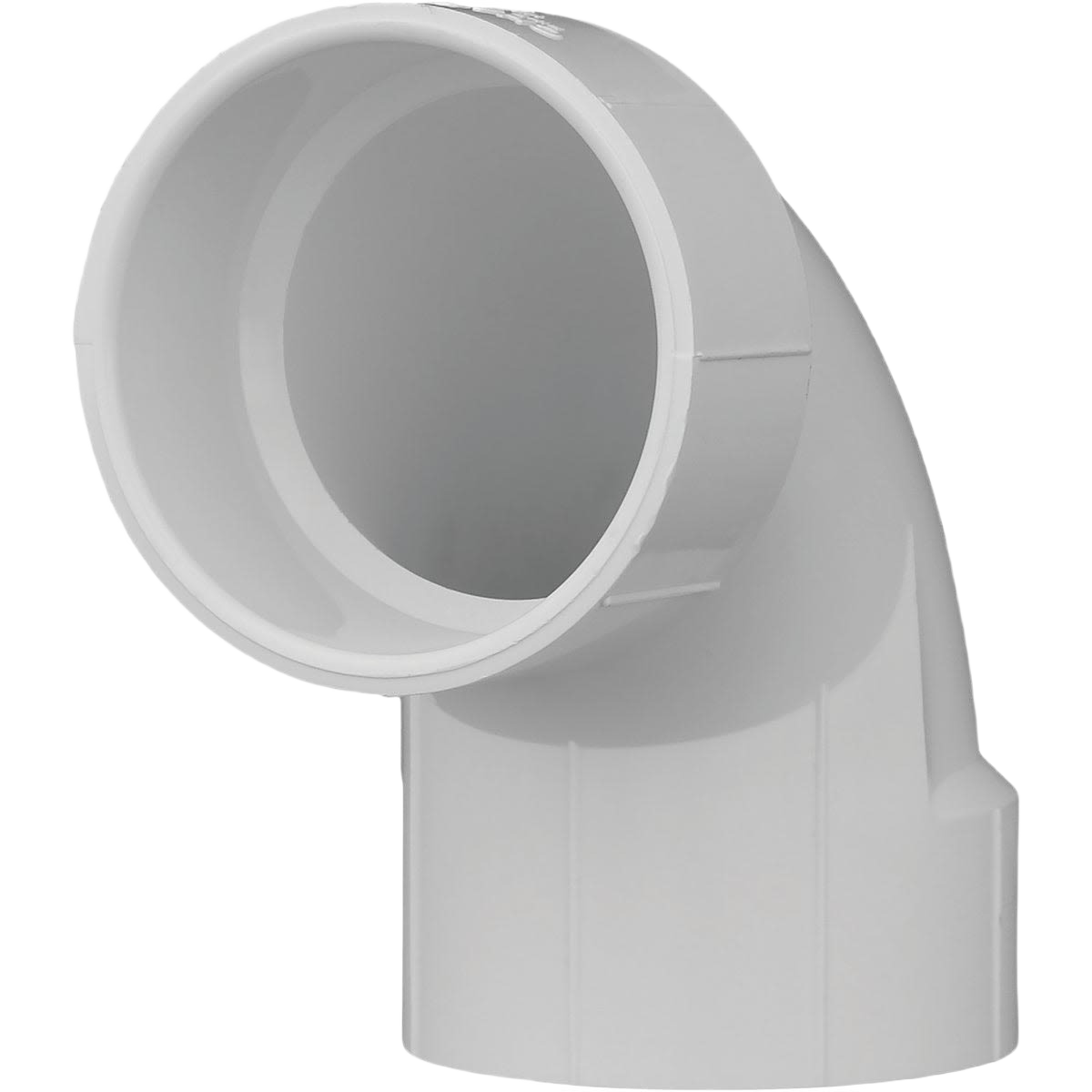 White Schedule 40 PVC sanitary elbow fitting angled at 90 degrees for plumbing and irrigation pipe connections