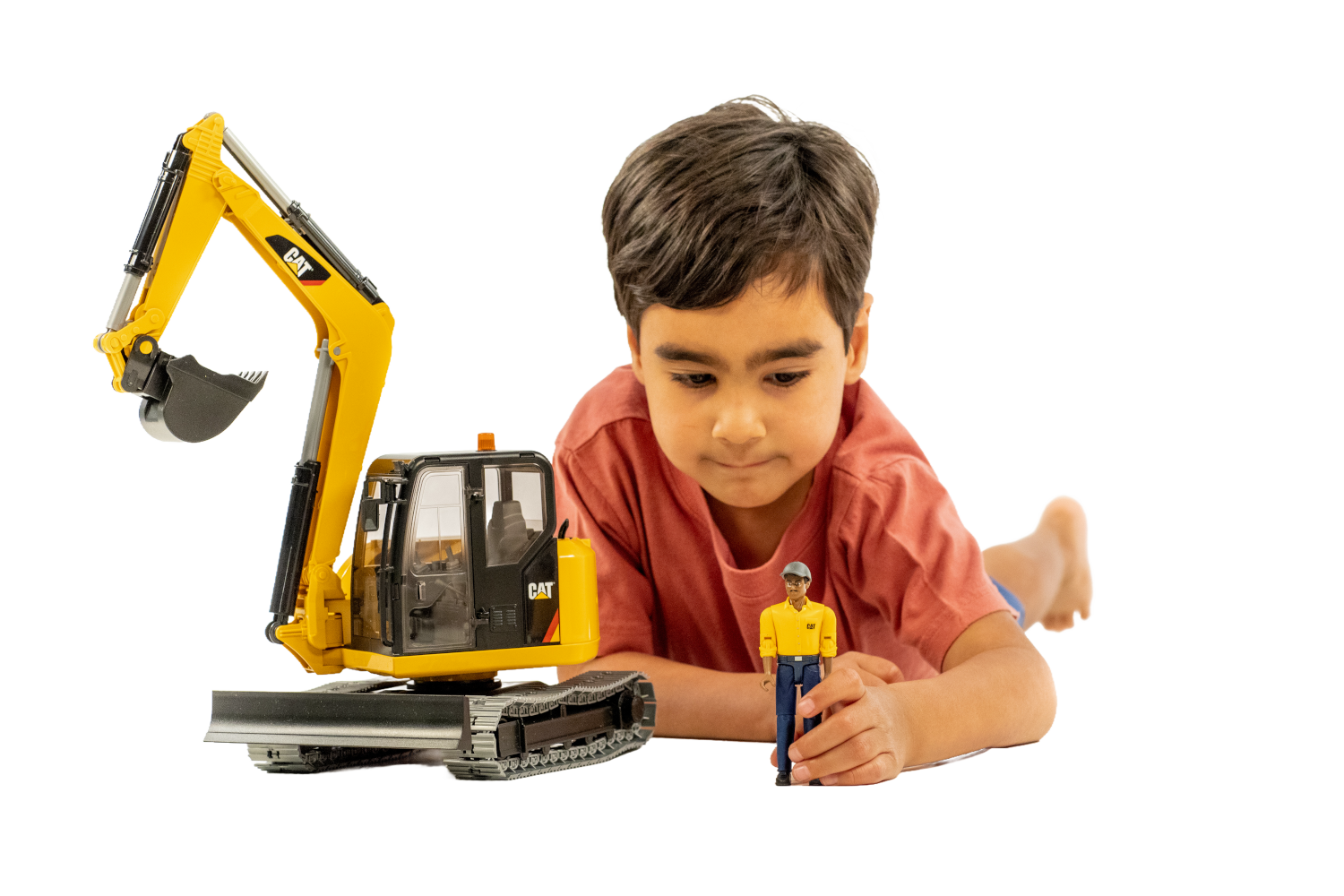 Child playing with yellow Bruder Cat Mini Excavator and worker figure from Vehicles & Remote Controlled Toys collection