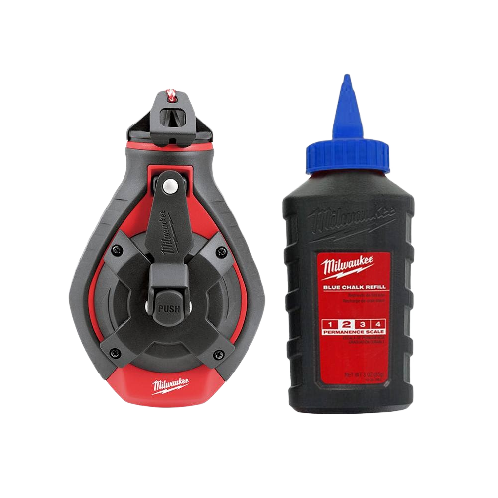 Red and black Milwaukee chalk reel with blue chalk refill bottle for woodworking and measuring tools collections