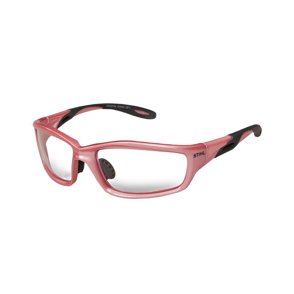 Pink framed protective glasses with clear lenses designed for safety in tools and home improvement tasks