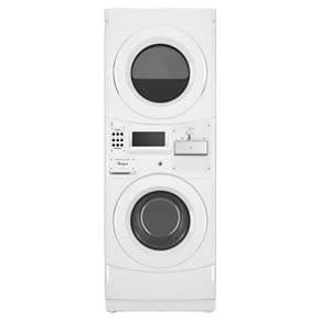 White commercial stack washer and dryer combo with coin operation for appliance laundry centers and heavy use
