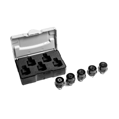 Set of five precision collets in black case for routing, included in power tool accessories and tool accessories collections