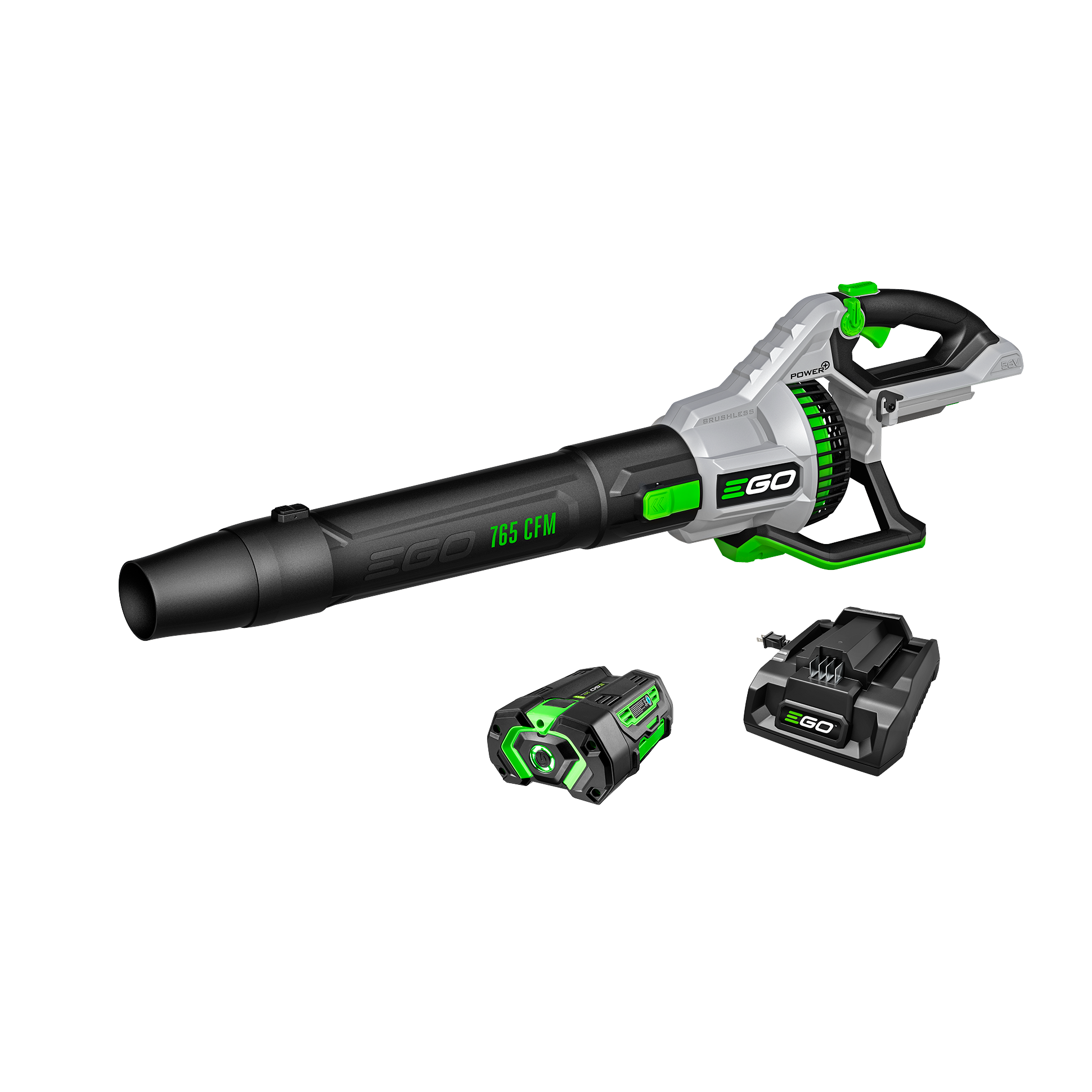 Black and gray cordless blower with green accents, battery, and charger from EGO outdoor power tools collection