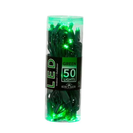 Green LED string lights set with 50 bulbs in a compact cylinder for indoor and outdoor Christmas decoration under $50