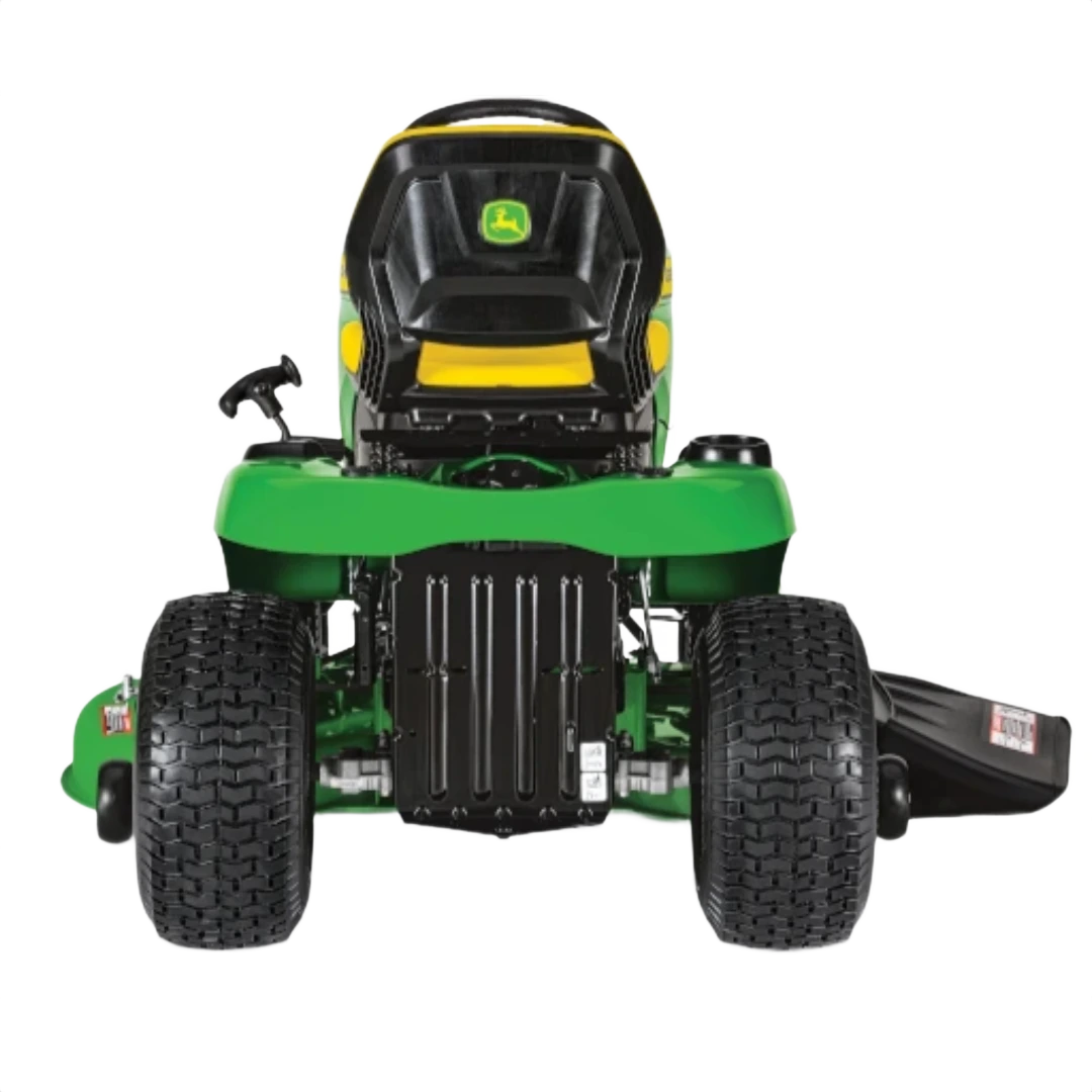 Green and yellow riding lawn tractor seen from rear with large tires and comfortable seat for home lawn care tasks
